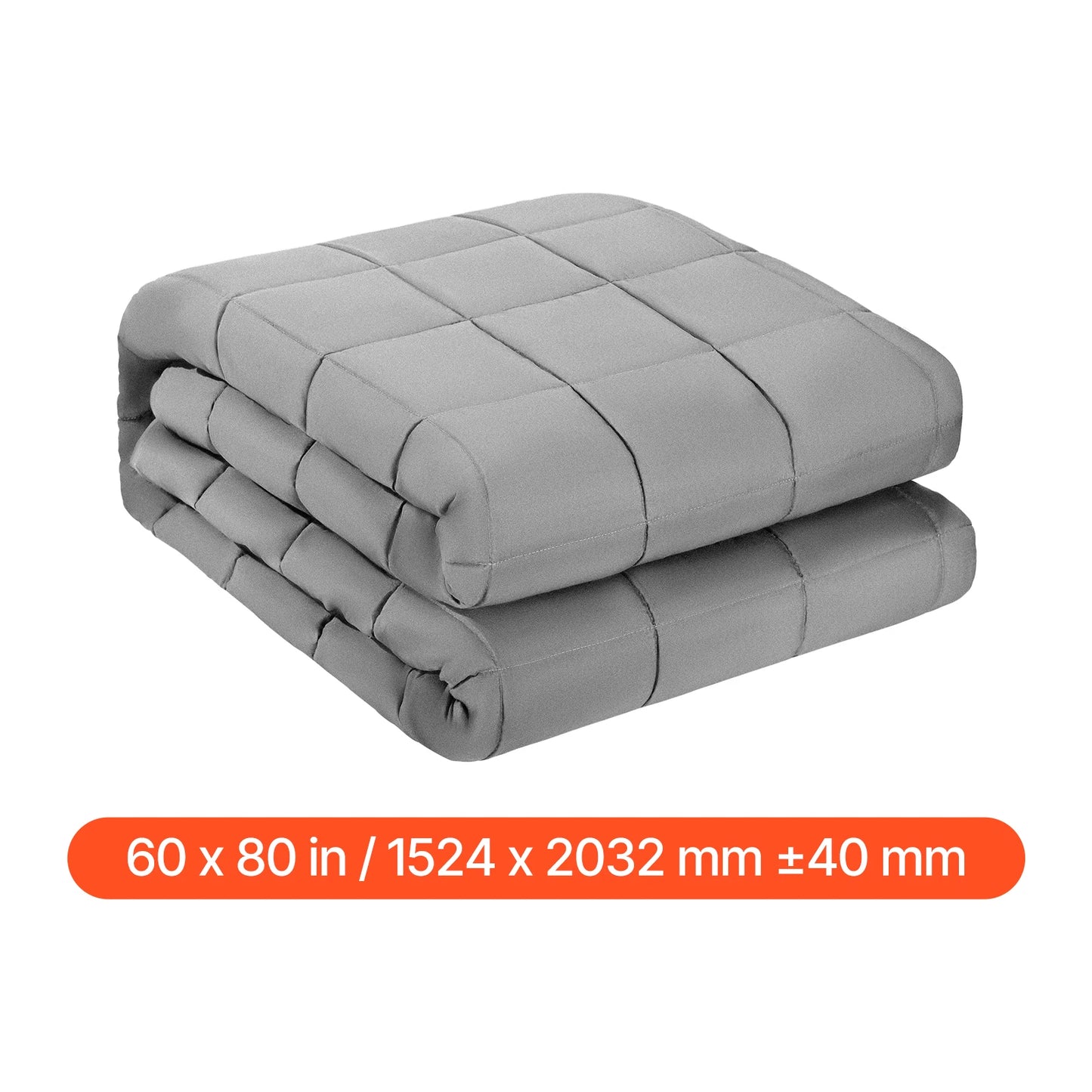 Folded gray weighted blanket with dimensions displayed on a white background