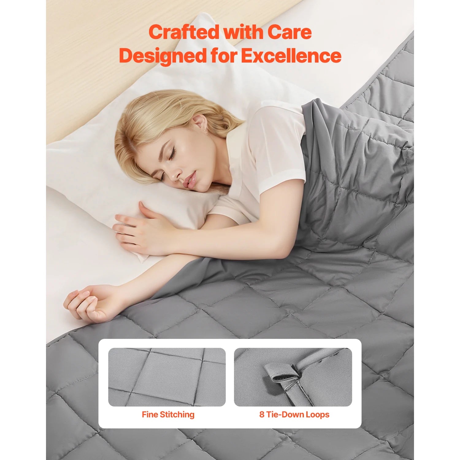 Woman sleeping under a gray weighted blanket with text 'Crafted with Care Designed for Excellence' and product details.