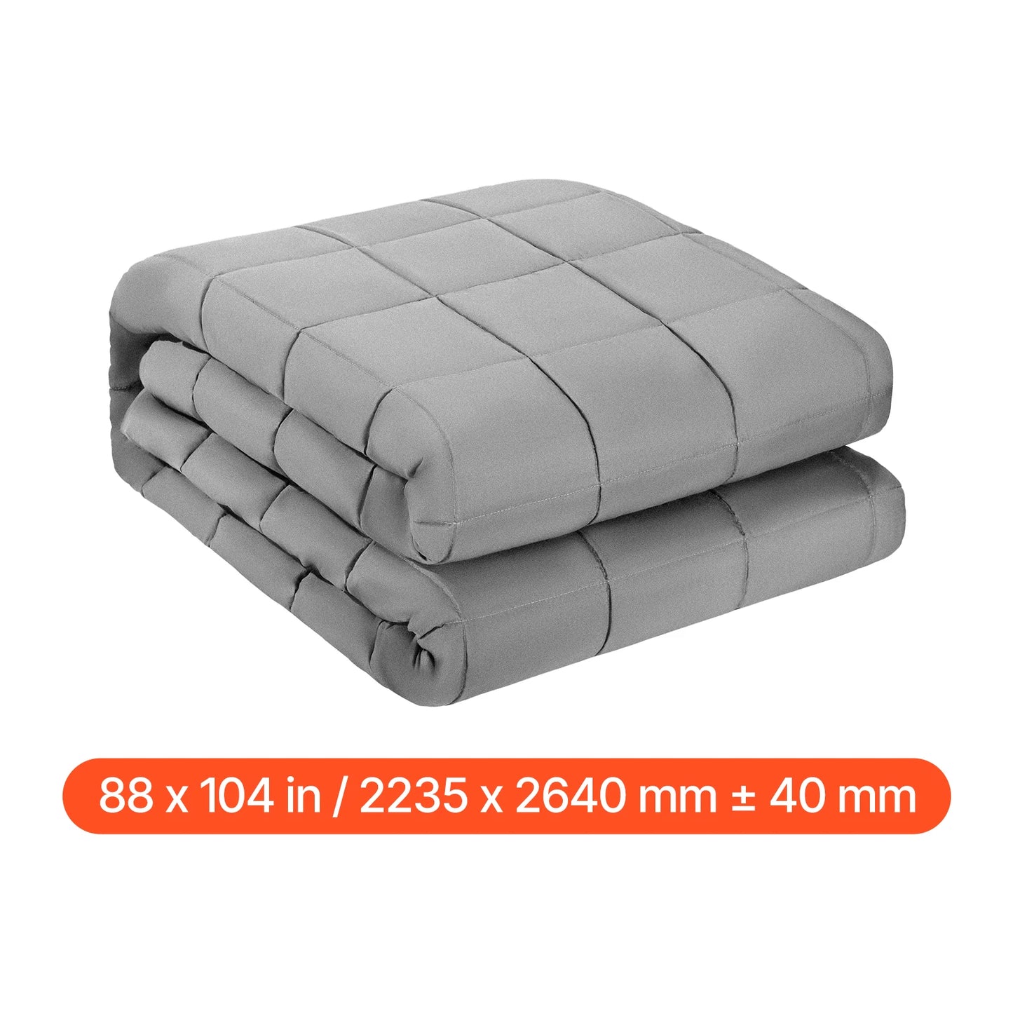 Folded gray weighted blanket with dimensions on a white background