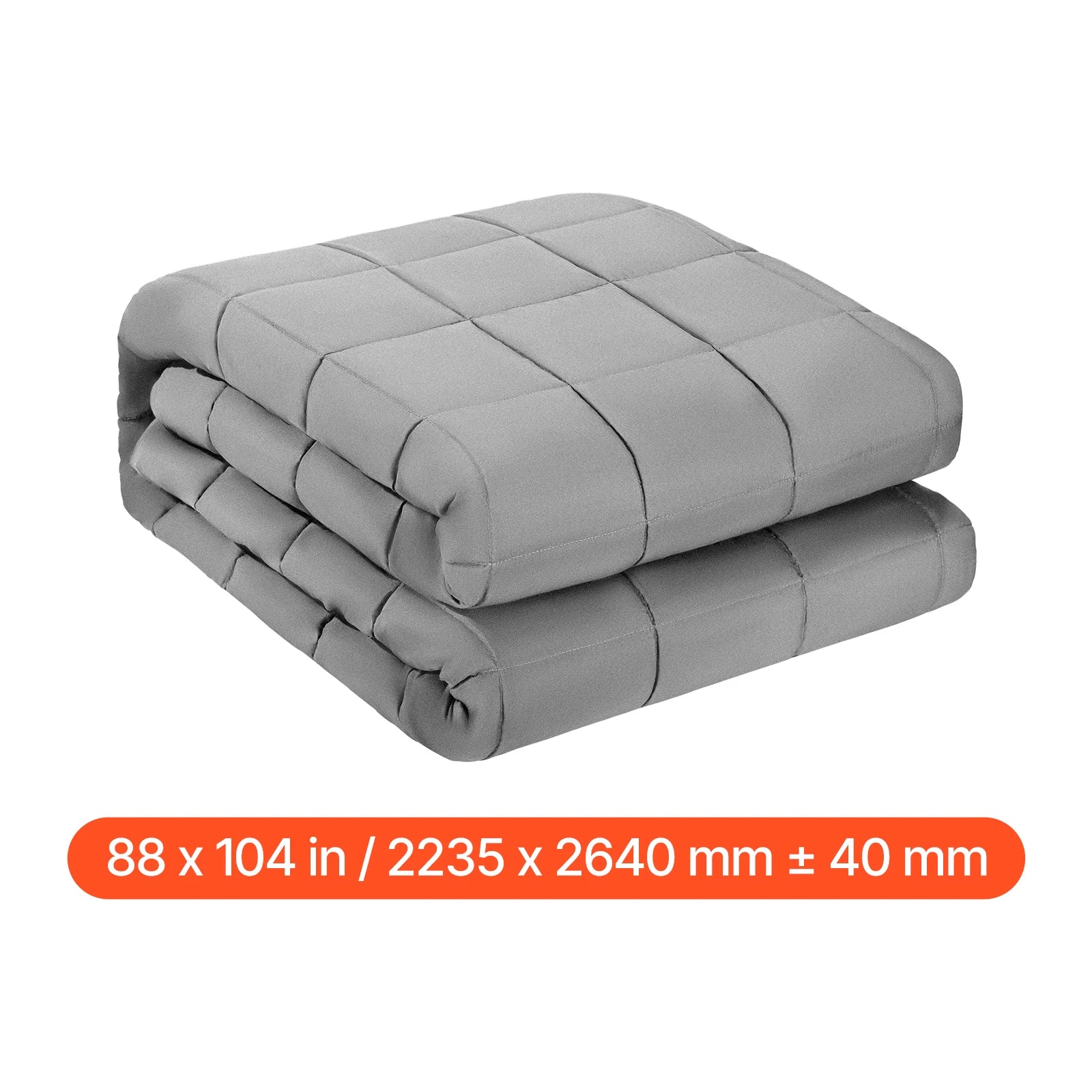 Folded gray weighted blanket with dimensions on a white background