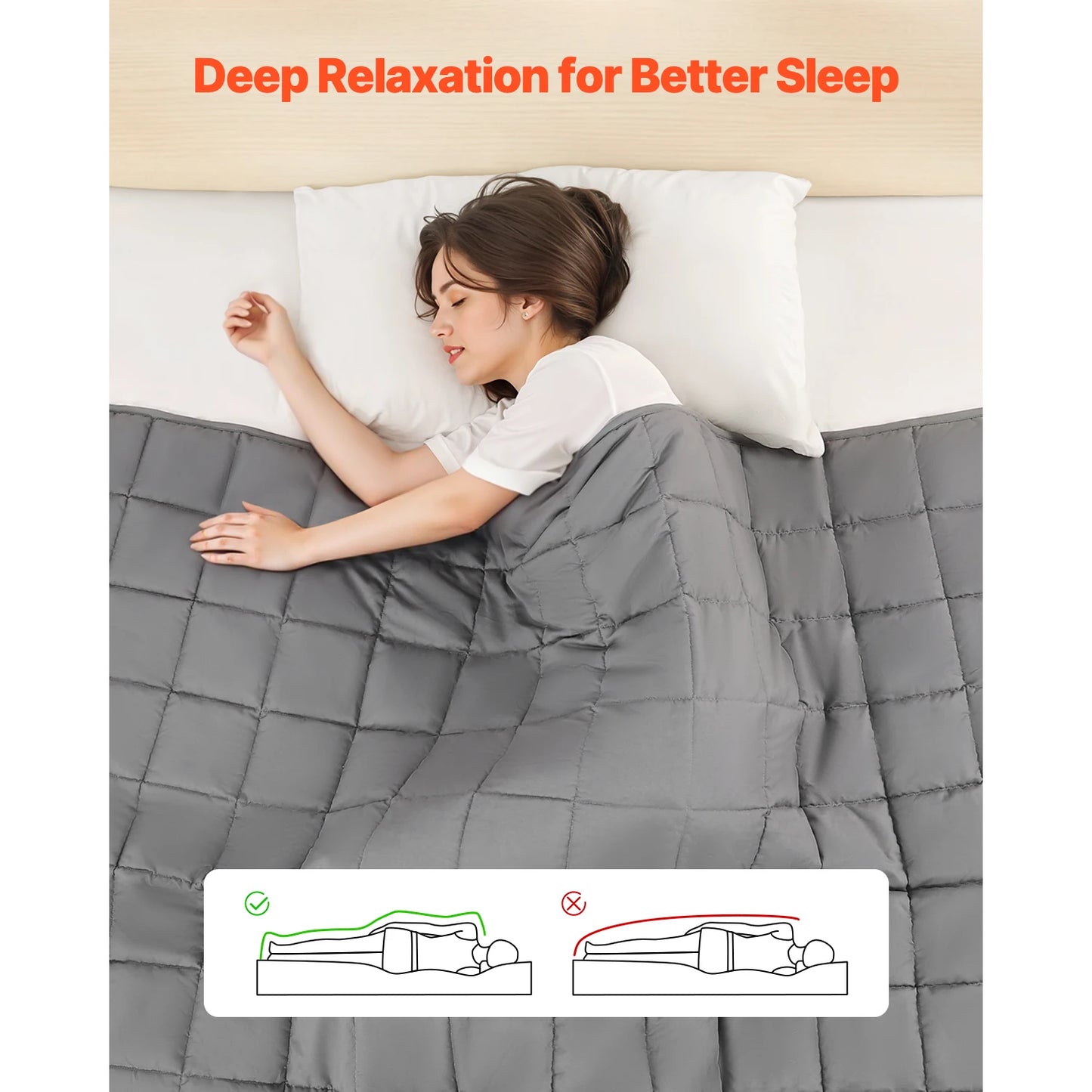 Woman lying in bed under a gray weighted blanket with text 'Deep Relaxation for Better Sleep'.