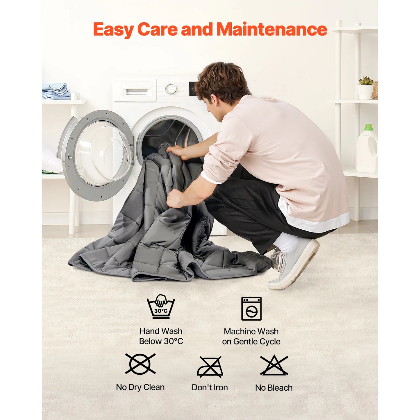 Person loading laundry into a washing machine with care and maintenance instructions displayed.