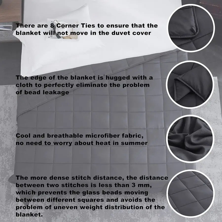 Gray quilted blanket with text describing features and close-up views of fabric and stitching.