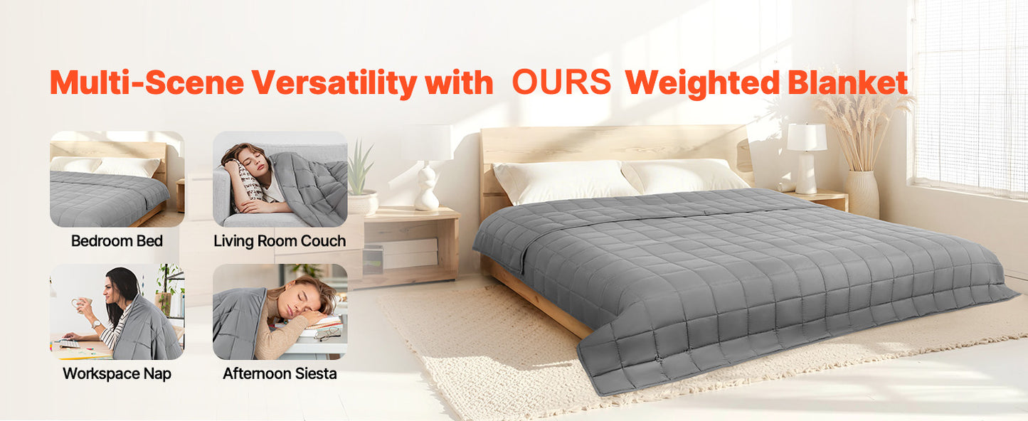 Gray weighted blanket shown in various settings with text highlighting its versatility.