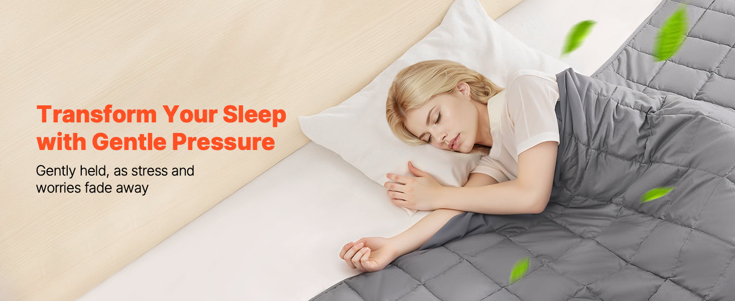Woman sleeping under a weighted blanket with text about transforming sleep with gentle pressure.