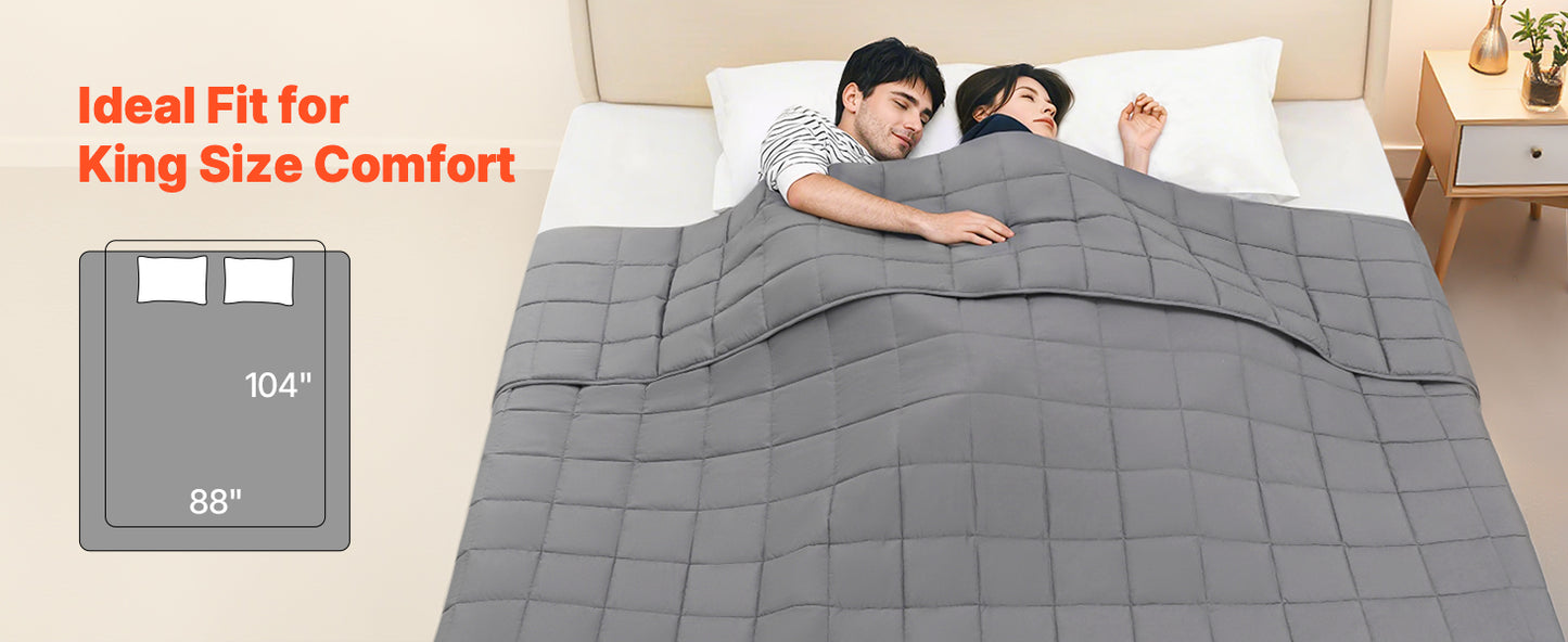 Gray weighted blanket on a bed with a man and woman underneath, ideal for king size comfort.