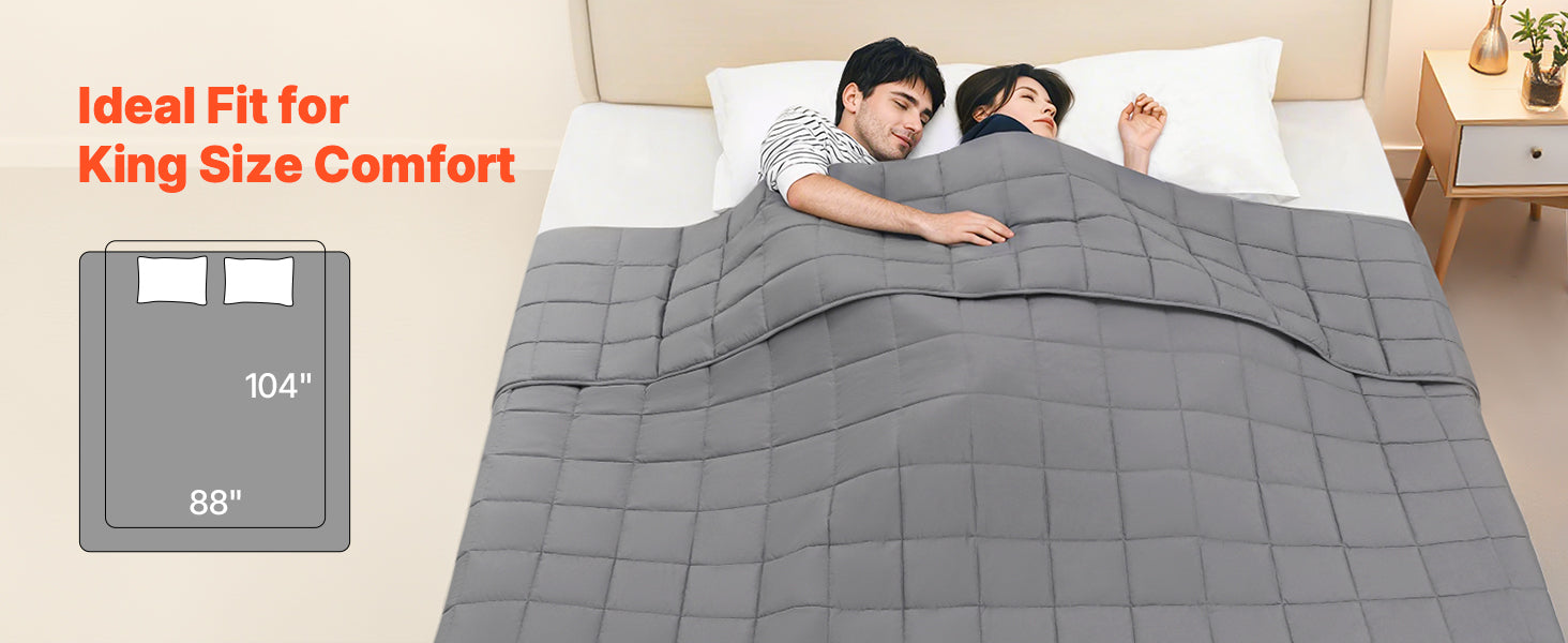 Gray weighted blanket on a bed with a man and woman underneath, ideal for king size comfort.