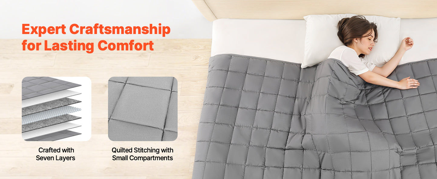 Gray quilted comforter with stitching details and a person lying under it, with text about craftsmanship and comfort.