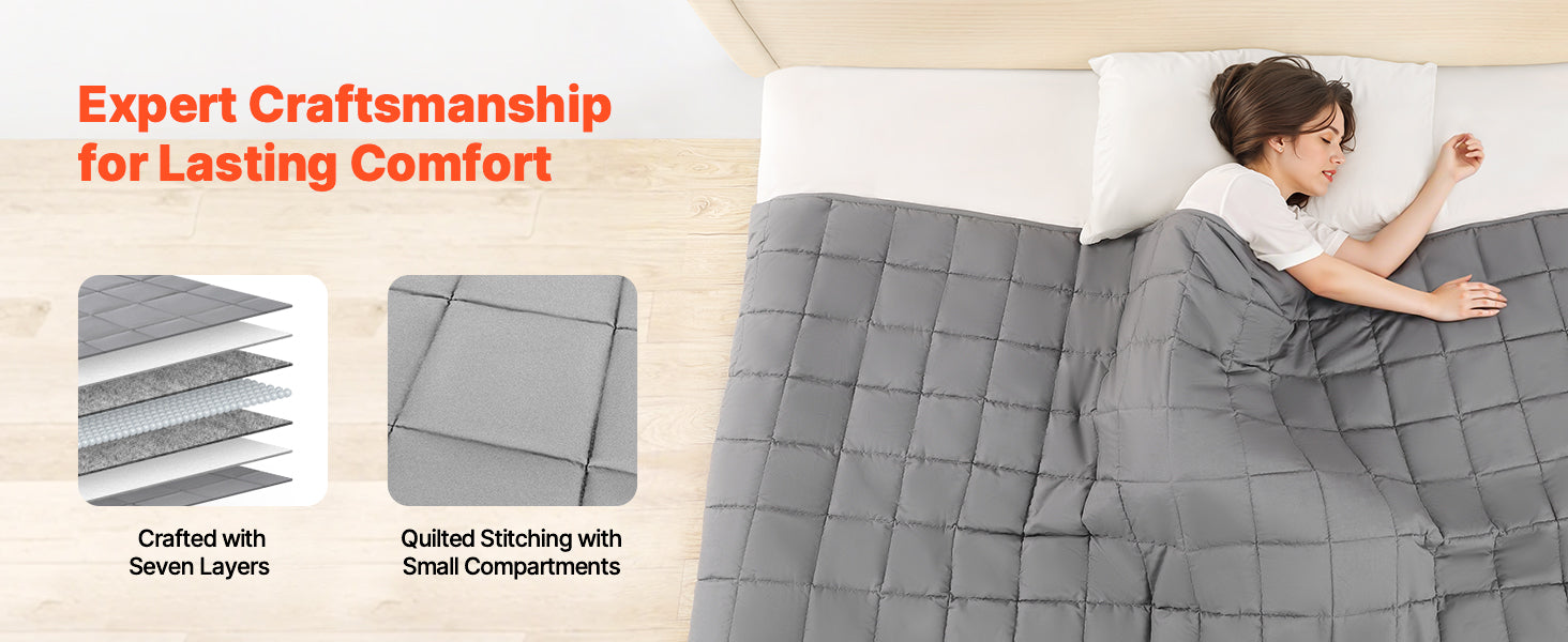 Gray quilted comforter with stitching details and a person lying under it, with text about craftsmanship and comfort.