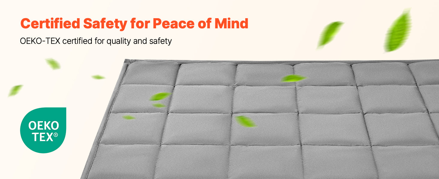 Gray mattress pad with green leaves and OEKO-TEX certification logo on a white background